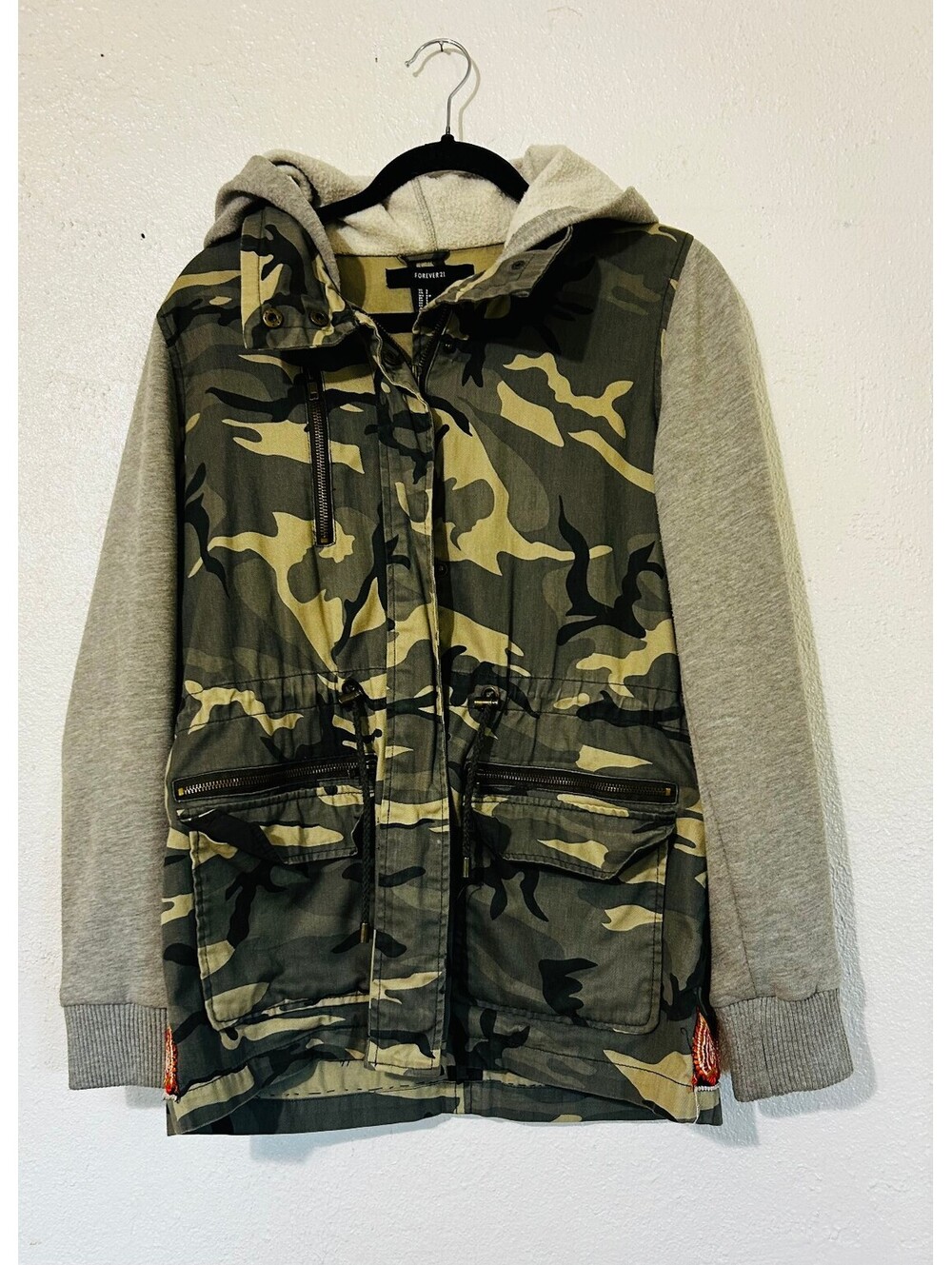 Forever 21 Custom Upcycled Camo Utility Jacket Panther Patch Fleece Hood Small S